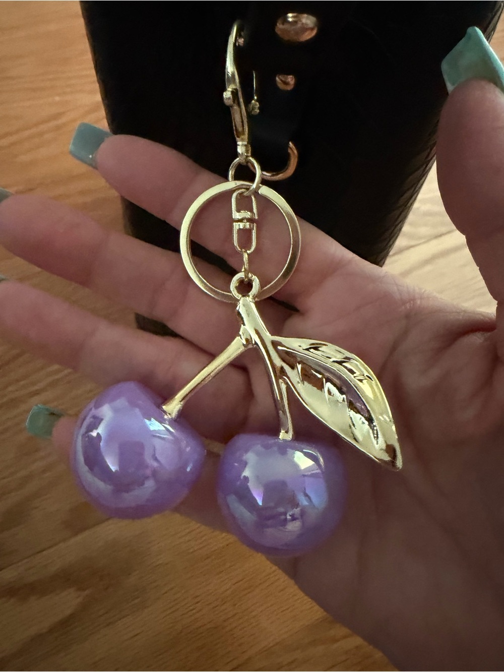 Source Unknown Gold Cherry Keychain with Lavender Pearlescent Cherries